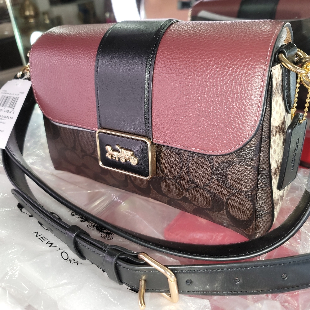 COACH Grace Shoulder Bag In Signature canvas leather snake embossed side/bottom.